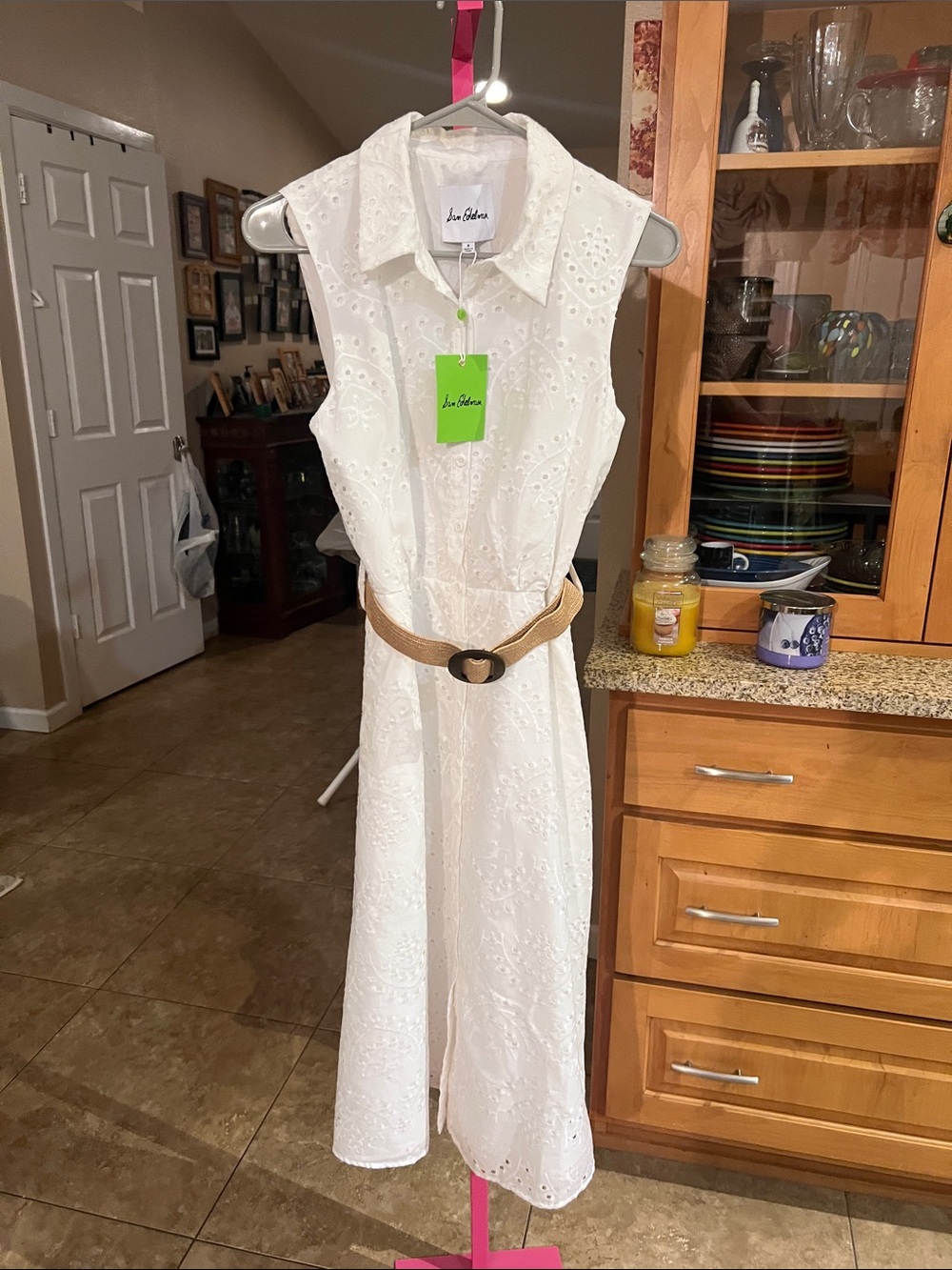 Sam Edelman White Eyelet Midi Shirt Dress with Belt